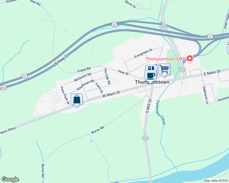 map of restaurants, bars, coffee shops, grocery stores, and more near 353 West Main Street in Thompsontown