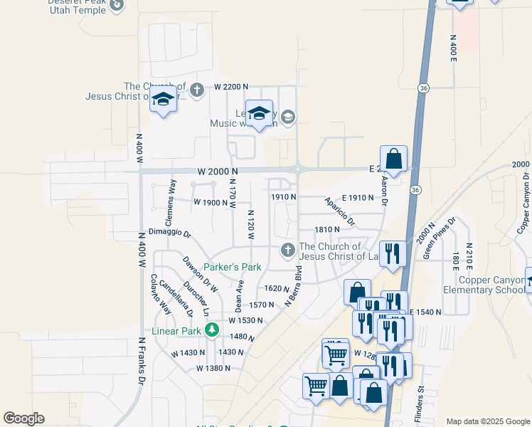 map of restaurants, bars, coffee shops, grocery stores, and more near 1861 North 70 West in Tooele