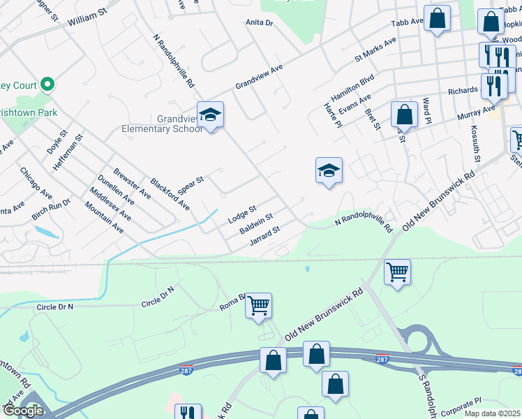 map of restaurants, bars, coffee shops, grocery stores, and more near 421 Baldwin Street in Piscataway