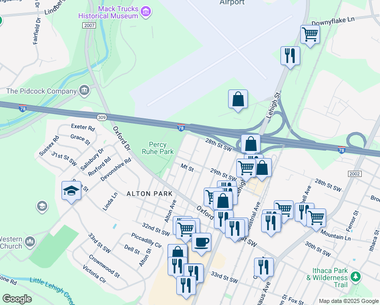 map of restaurants, bars, coffee shops, grocery stores, and more near 2837 Alton Avenue in Allentown