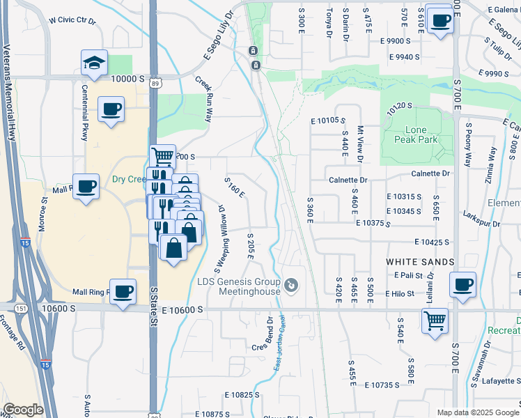 map of restaurants, bars, coffee shops, grocery stores, and more near 10332 Silver Willow Drive in Sandy