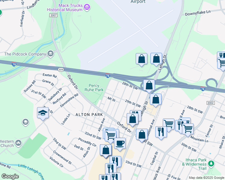 map of restaurants, bars, coffee shops, grocery stores, and more near 2837 Alton Avenue in Allentown