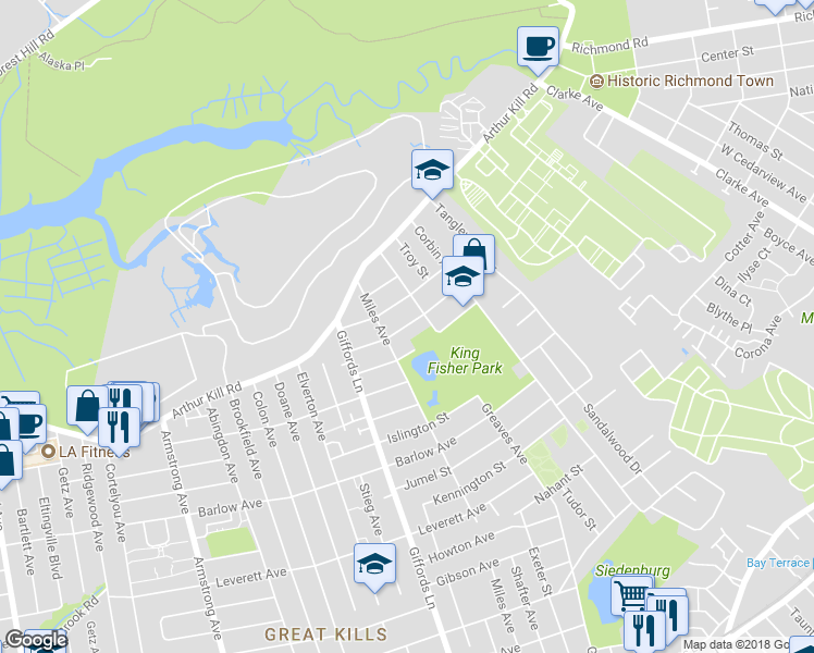 map of restaurants, bars, coffee shops, grocery stores, and more near 83 Elkhart Street in Staten Island