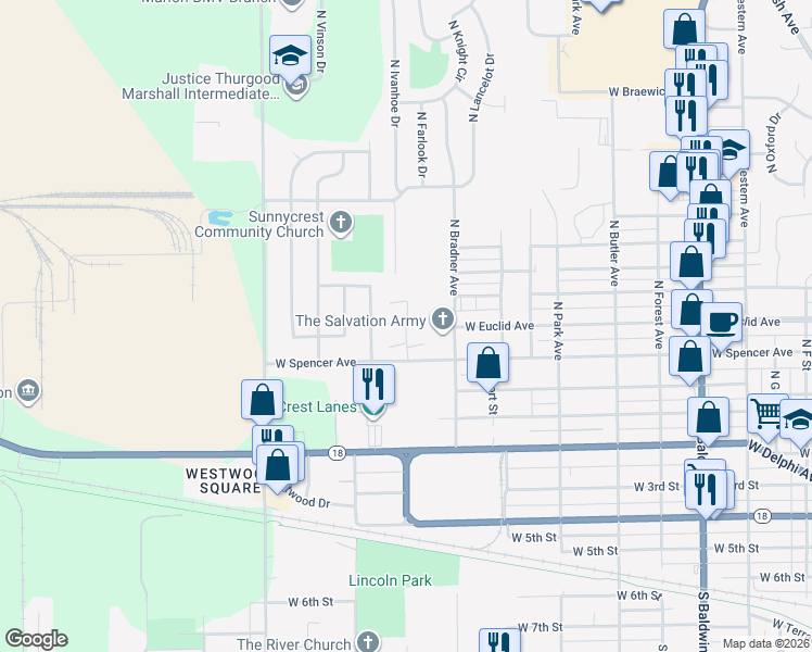 map of restaurants, bars, coffee shops, grocery stores, and more near 418 Greentree Drive in Marion