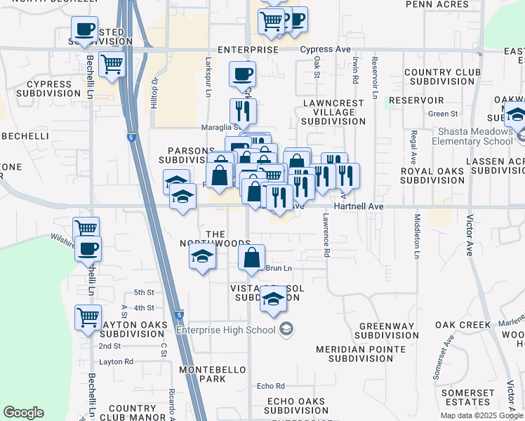 map of restaurants, bars, coffee shops, grocery stores, and more near 1045 Hartnell Avenue in Redding