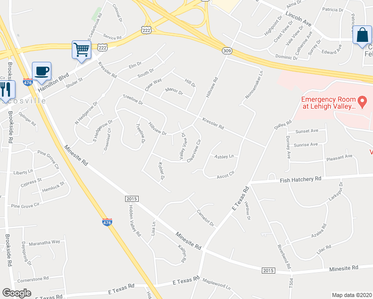 map of restaurants, bars, coffee shops, grocery stores, and more near 1224 Valley View Drive in Allentown