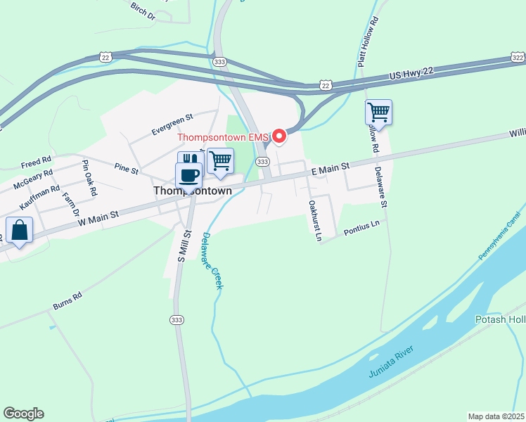 map of restaurants, bars, coffee shops, grocery stores, and more near 95 Lower Benner Street in Thompsontown