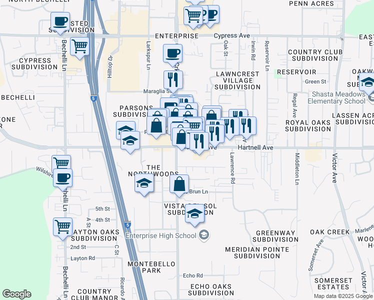 map of restaurants, bars, coffee shops, grocery stores, and more near 1045 Hartnell Avenue in Redding