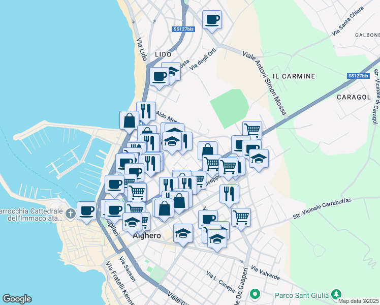 map of restaurants, bars, coffee shops, grocery stores, and more near 33 Via Caravaggio in Alghero