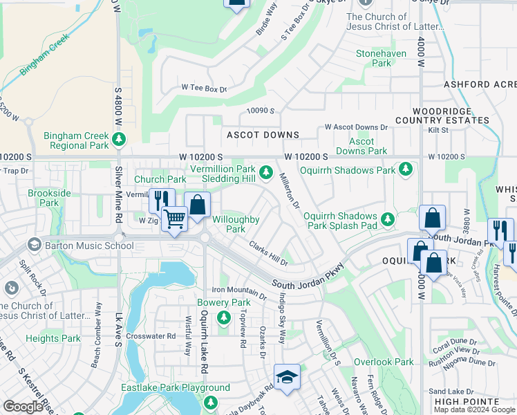 map of restaurants, bars, coffee shops, grocery stores, and more near 10327 Lac Vieux Road in South Jordan