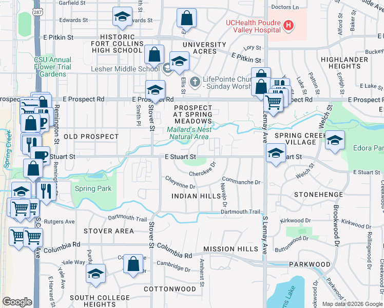 map of restaurants, bars, coffee shops, grocery stores, and more near 712 Cherokee Drive in Fort Collins