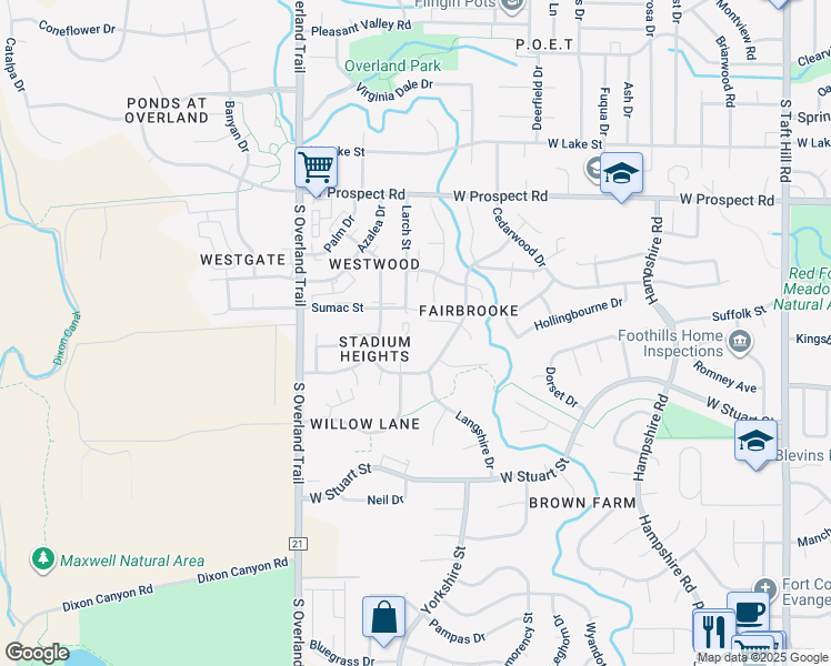 map of restaurants, bars, coffee shops, grocery stores, and more near 1918 Ross Court in Fort Collins