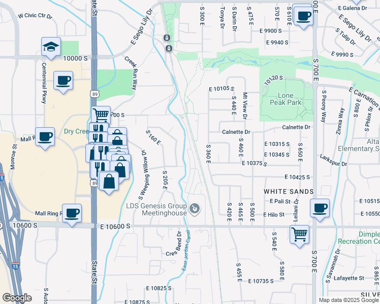 map of restaurants, bars, coffee shops, grocery stores, and more near 10376 South Beetdigger Boulevard in Sandy