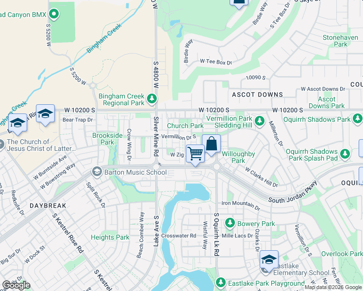 map of restaurants, bars, coffee shops, grocery stores, and more near 4723 West Zig Zag Road in South Jordan