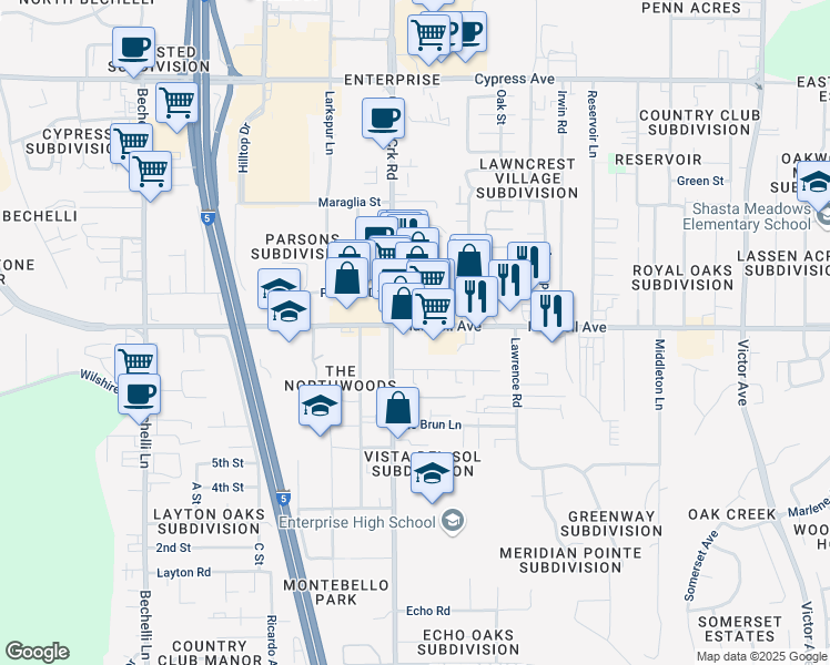 map of restaurants, bars, coffee shops, grocery stores, and more near 1073-1083 Hartnell Avenue in Redding