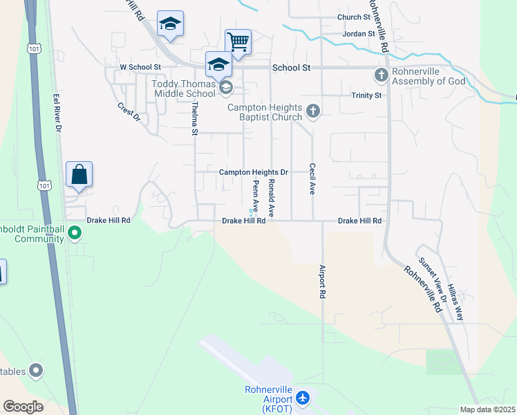 map of restaurants, bars, coffee shops, grocery stores, and more near 2929 Drake Hill Road in Fortuna