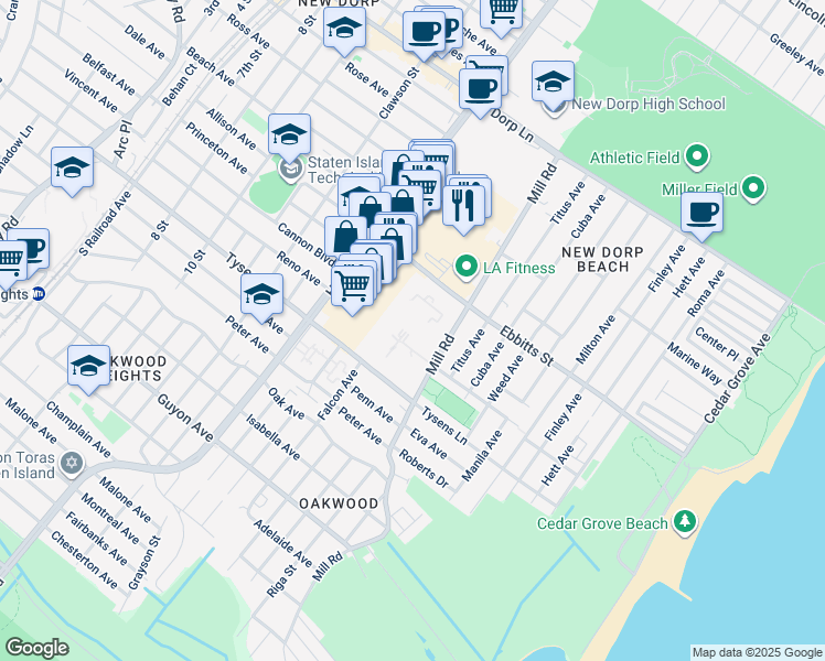 map of restaurants, bars, coffee shops, grocery stores, and more near 265 Mill Road in Staten Island