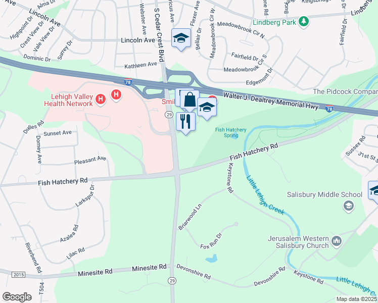 map of restaurants, bars, coffee shops, grocery stores, and more near 1275-1281 South Cedar Crest Boulevard in Allentown