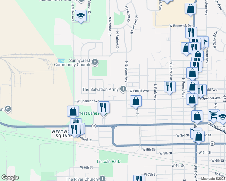 map of restaurants, bars, coffee shops, grocery stores, and more near 418 Greentree Drive in Marion