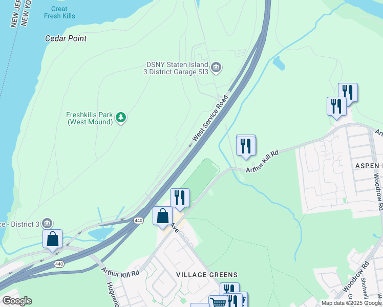 map of restaurants, bars, coffee shops, grocery stores, and more near West Shore Expressway in Staten Island