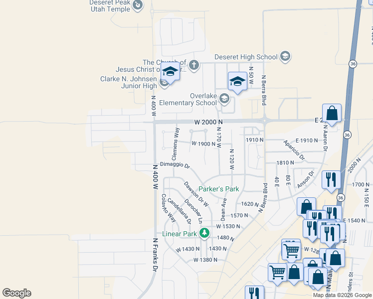 map of restaurants, bars, coffee shops, grocery stores, and more near 1875 North 270 West in Tooele