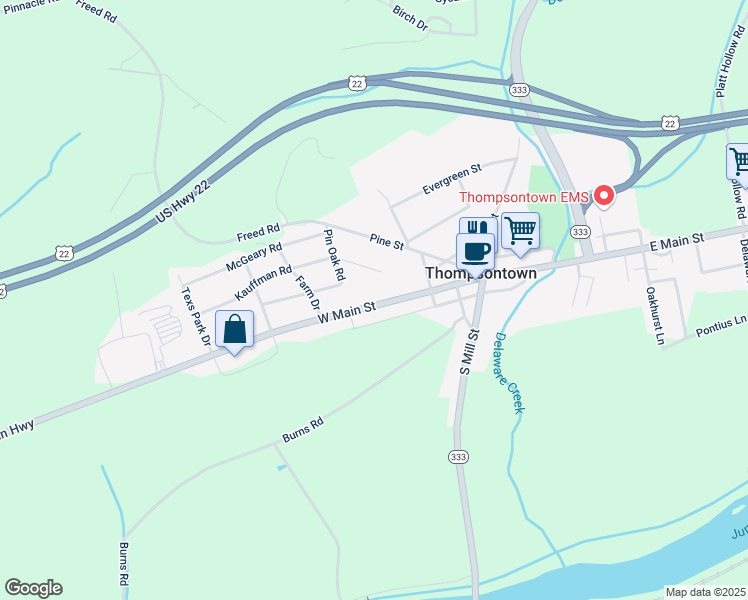 map of restaurants, bars, coffee shops, grocery stores, and more near 395 West Main Street in Thompsontown