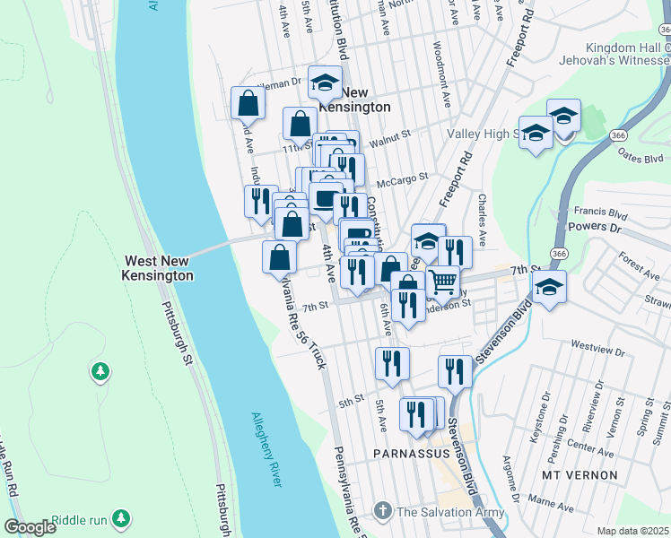map of restaurants, bars, coffee shops, grocery stores, and more near 700 4th Avenue in New Kensington