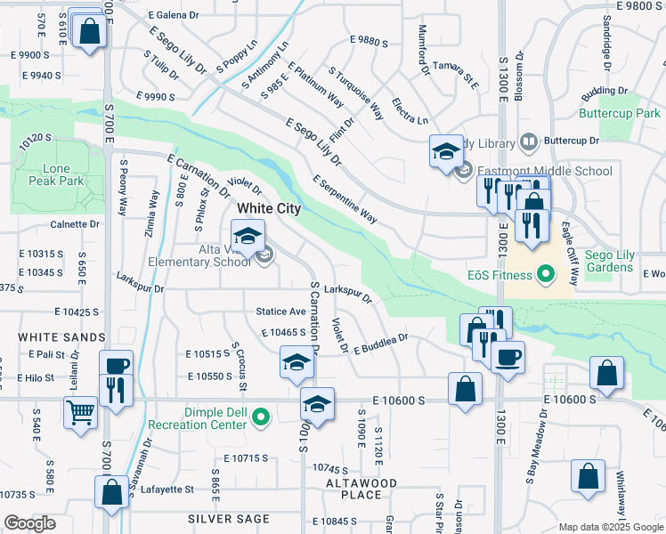 map of restaurants, bars, coffee shops, grocery stores, and more near 920 East Violet Circle in Sandy