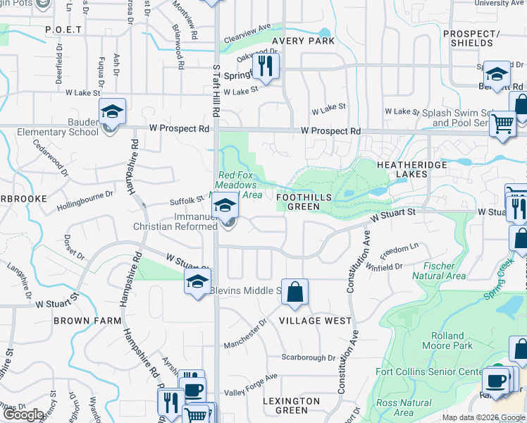 map of restaurants, bars, coffee shops, grocery stores, and more near 1930 Kingsborough Drive in Fort Collins