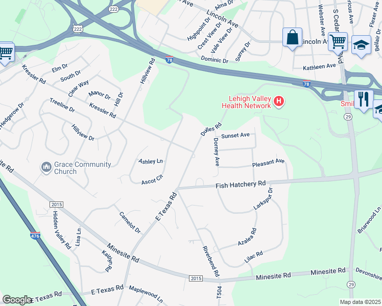map of restaurants, bars, coffee shops, grocery stores, and more near 4045 East Texas Road in Allentown