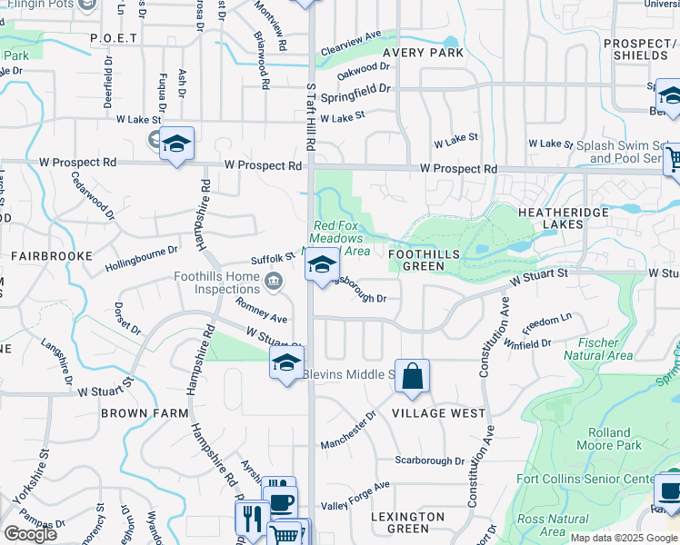 map of restaurants, bars, coffee shops, grocery stores, and more near 1900 County Road 19 in Fort Collins