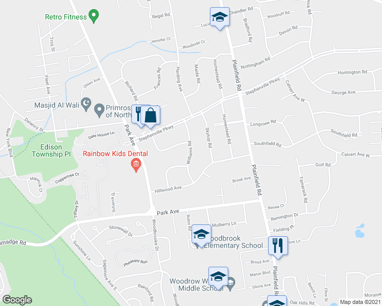 map of restaurants, bars, coffee shops, grocery stores, and more near Williams Road in Edison