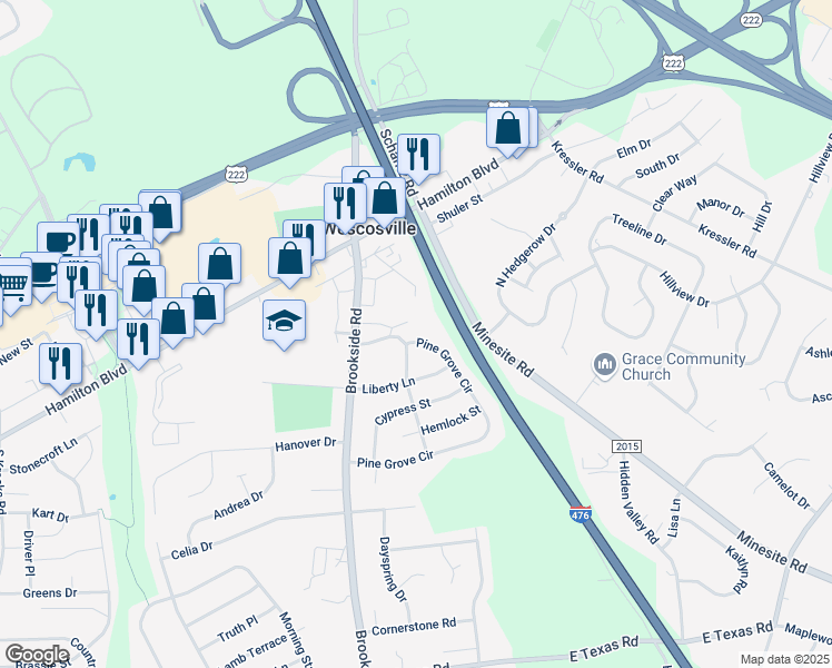 map of restaurants, bars, coffee shops, grocery stores, and more near 1041 Pine Grove Circle in Allentown