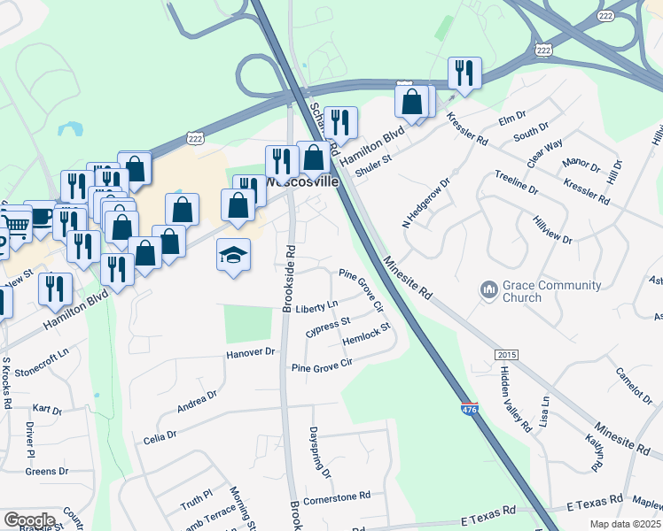 map of restaurants, bars, coffee shops, grocery stores, and more near 1033 Spruce Road in Allentown