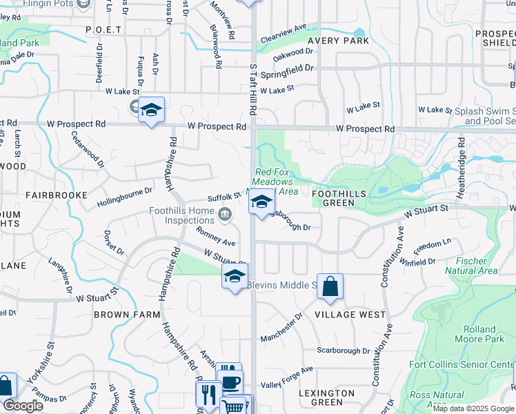 map of restaurants, bars, coffee shops, grocery stores, and more near 2036 Kingsborough Drive in Fort Collins