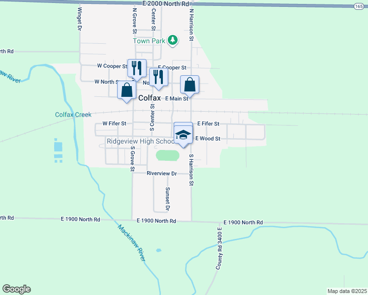 map of restaurants, bars, coffee shops, grocery stores, and more near 202 East Wood Street in Colfax