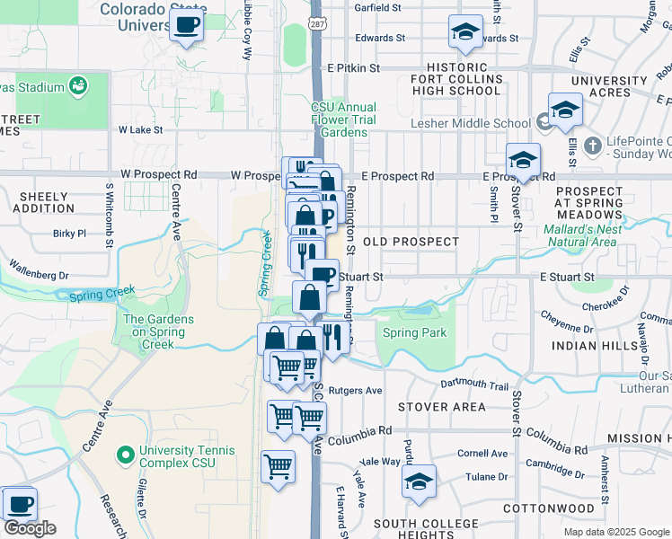 map of restaurants, bars, coffee shops, grocery stores, and more near 1810 South College Avenue in Fort Collins
