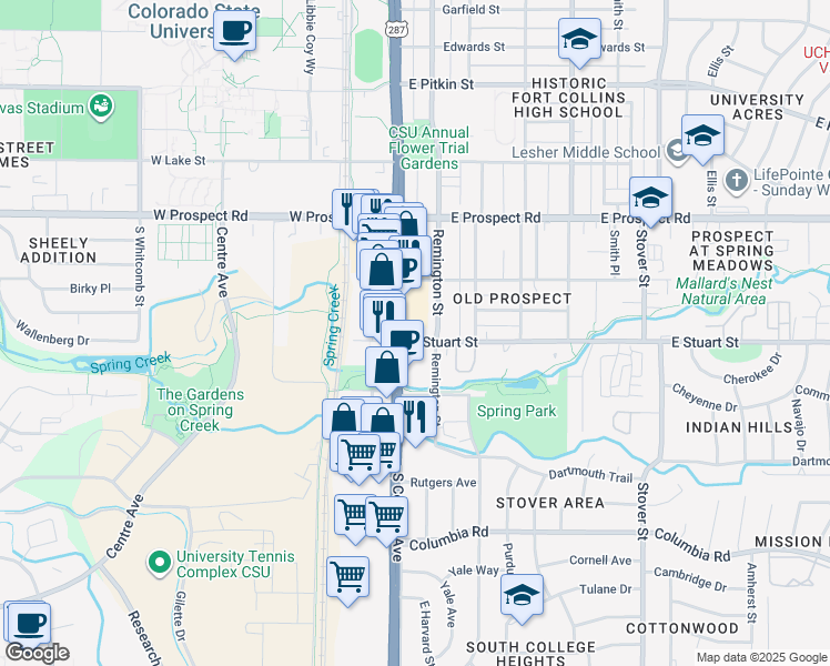 map of restaurants, bars, coffee shops, grocery stores, and more near 1810 South College Avenue in Fort Collins