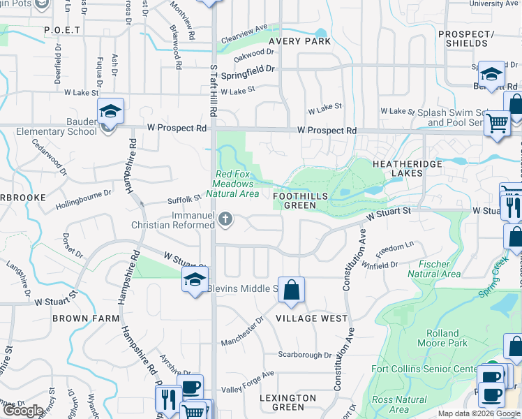 map of restaurants, bars, coffee shops, grocery stores, and more near 1930 Kingsborough Drive in Fort Collins