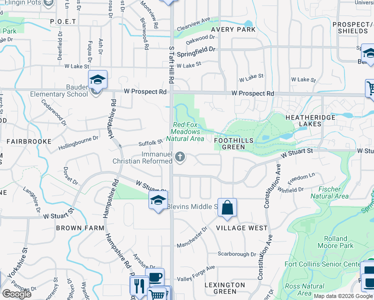 map of restaurants, bars, coffee shops, grocery stores, and more near 1900 County Road 19 in Fort Collins