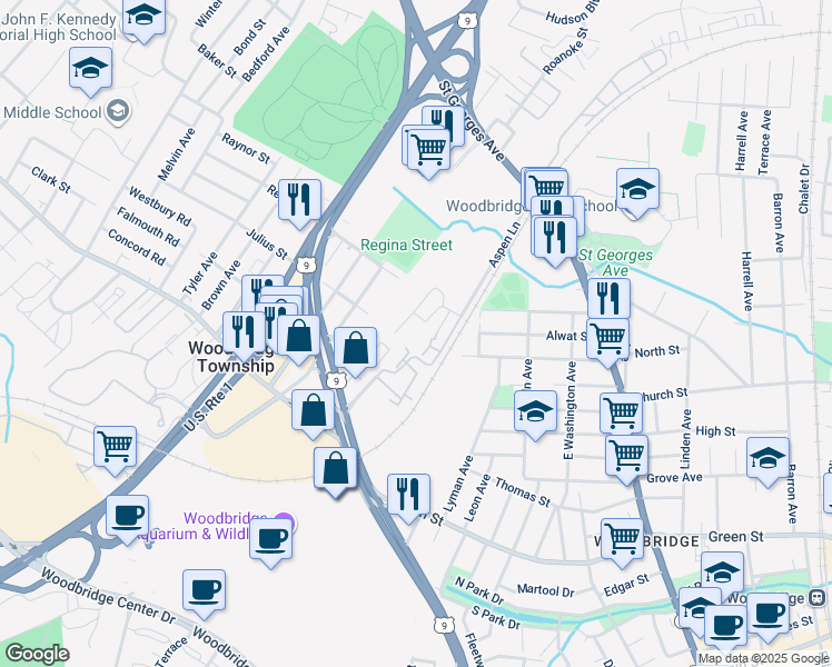 map of restaurants, bars, coffee shops, grocery stores, and more near 10 Aspen Lane in Woodbridge Township