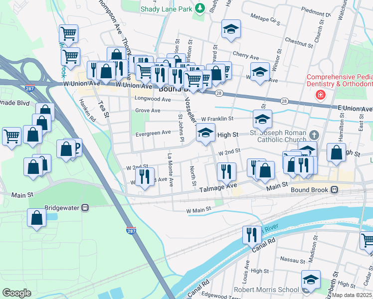 map of restaurants, bars, coffee shops, grocery stores, and more near 341 West 2nd Street in Bound Brook