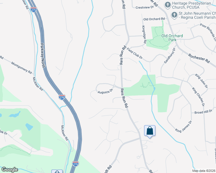 map of restaurants, bars, coffee shops, grocery stores, and more near 1636 Augusta Drive in Pittsburgh