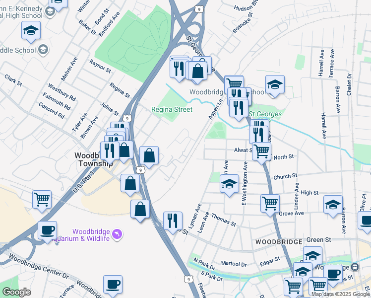map of restaurants, bars, coffee shops, grocery stores, and more near Sierra Court in Woodbridge Township
