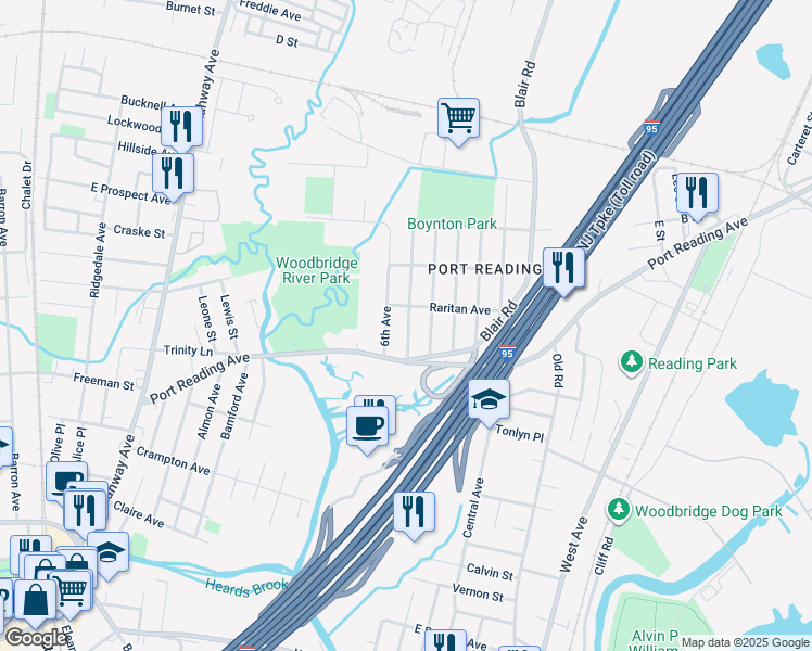 map of restaurants, bars, coffee shops, grocery stores, and more near 9 East 5th Avenue in Woodbridge Township