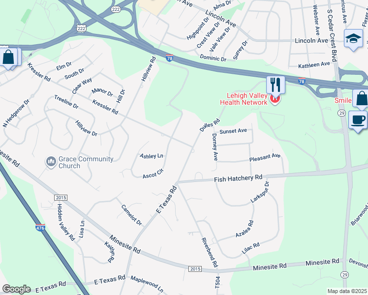 map of restaurants, bars, coffee shops, grocery stores, and more near 1332 Kressler Road in Allentown