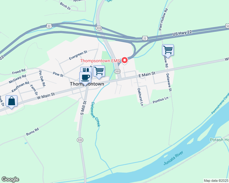 map of restaurants, bars, coffee shops, grocery stores, and more near 74 Lower Benner Street in Thompsontown