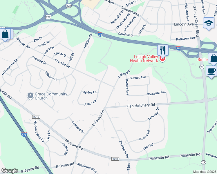map of restaurants, bars, coffee shops, grocery stores, and more near 1332 Kressler Road in Allentown