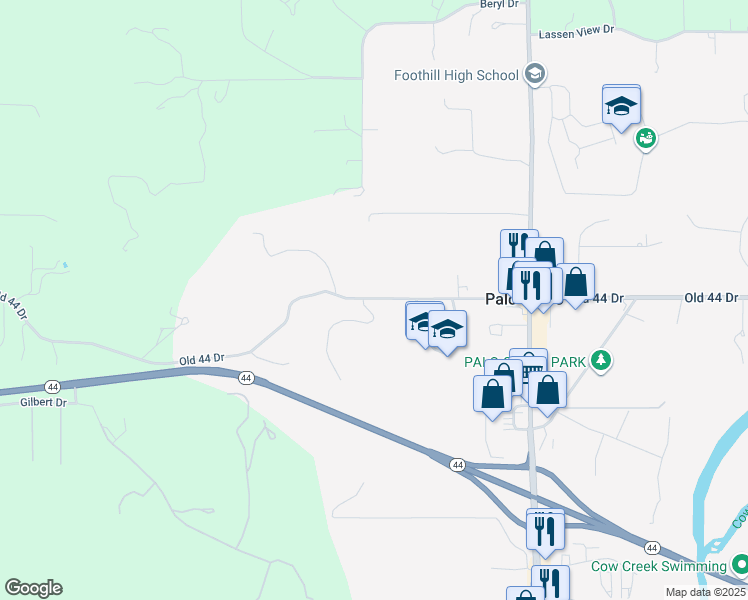 map of restaurants, bars, coffee shops, grocery stores, and more near 21839 Old 44 Drive in Palo Cedro
