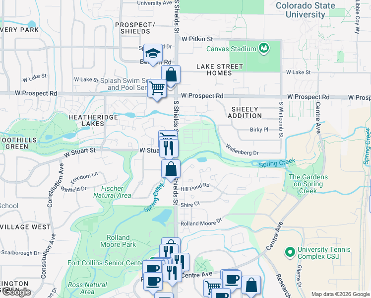 map of restaurants, bars, coffee shops, grocery stores, and more near 1901 Waters Edge Street in Fort Collins